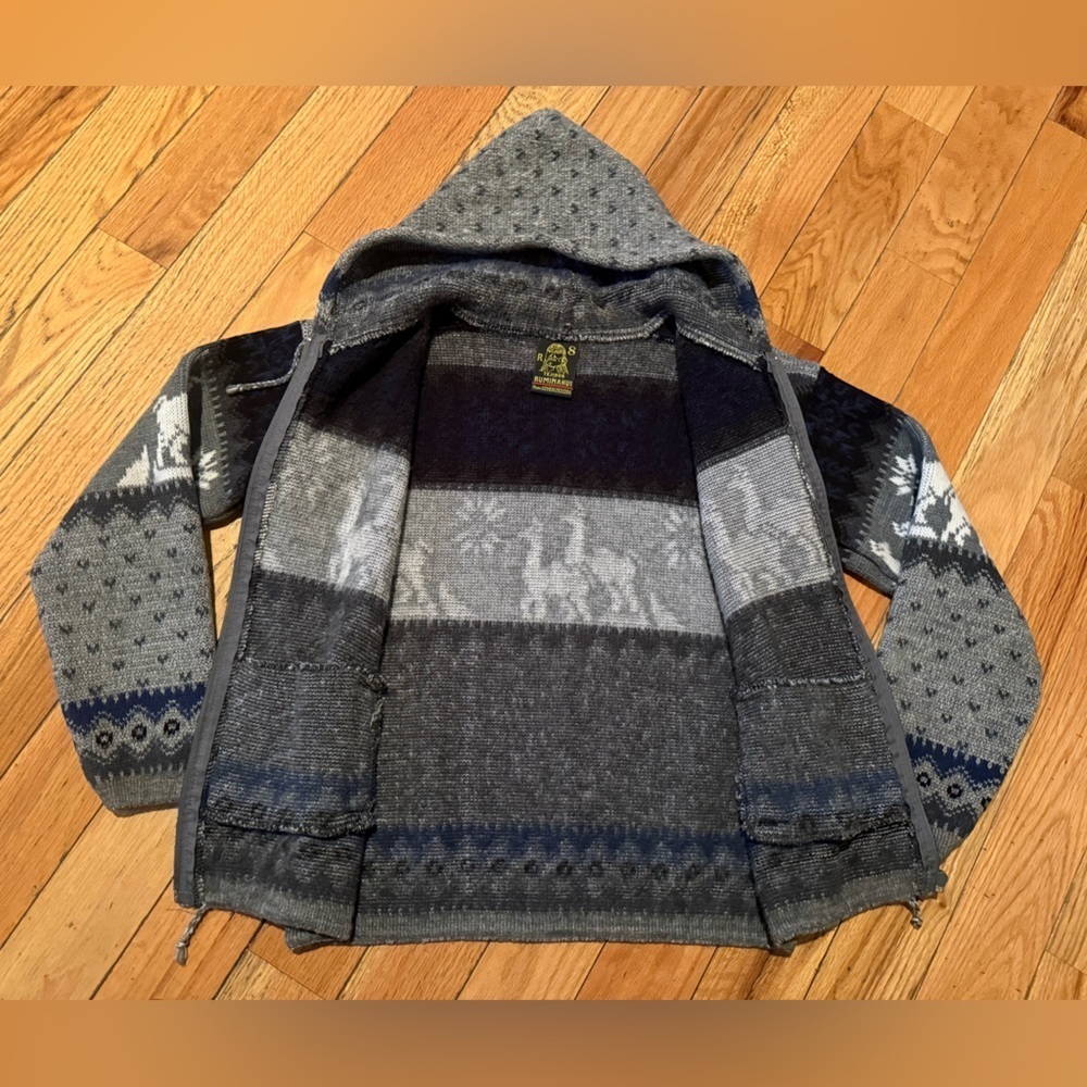 Tejidos Ruminahui Sweater Sz 8 Gray Full Zip Jacket Alpaca & Sun Print Hooded - Picture 6 of 12